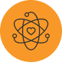 an abstract illustration of an atom with a heart at the center on an orange background