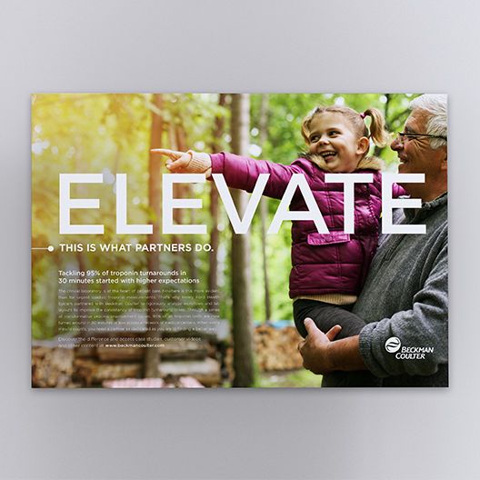 An elderly person carries a child whom is pointing into the distance. Header text: Elevate, this is what partners do