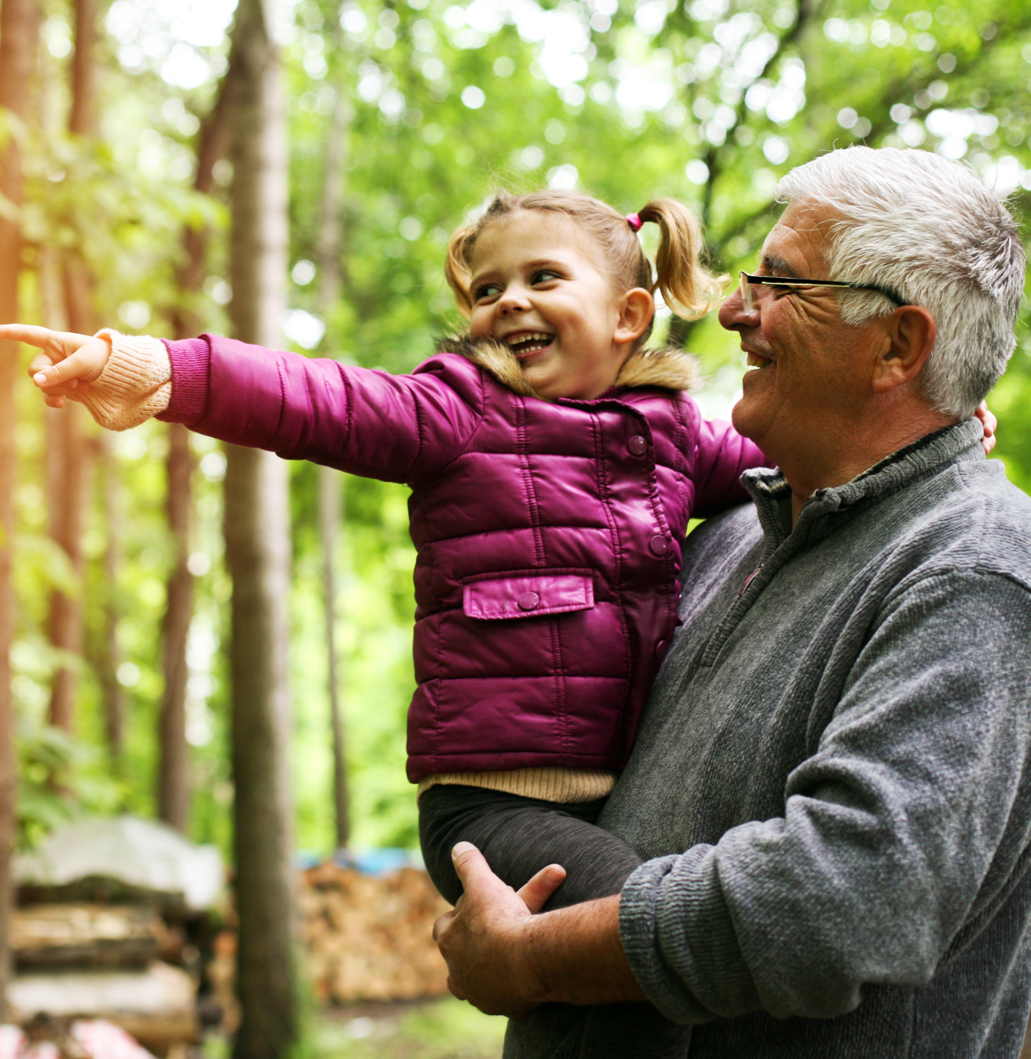 An elderly person carries a child whom is pointing into the distance.