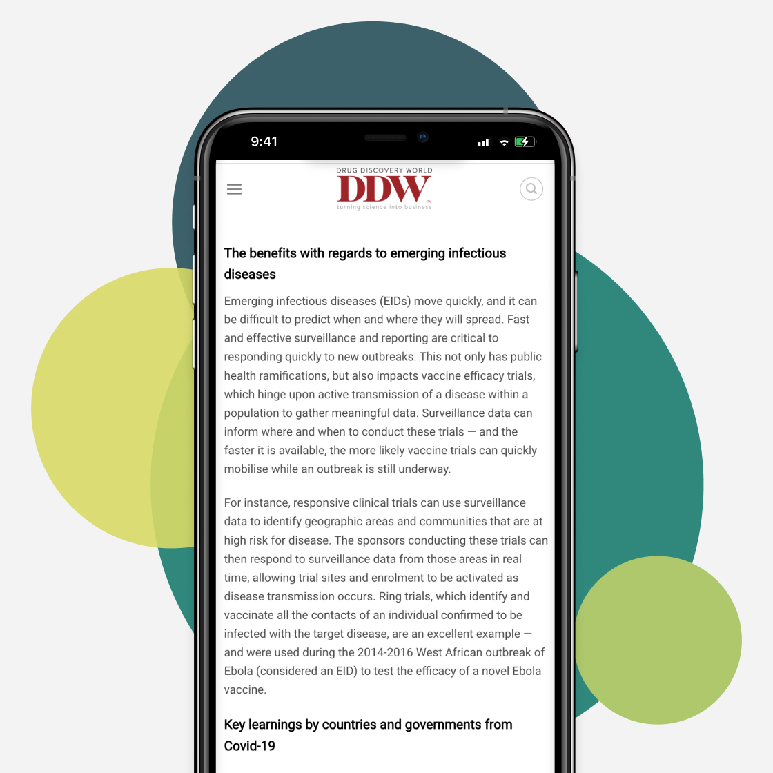 A model cell phone displays a featured Drug Discovery World article.