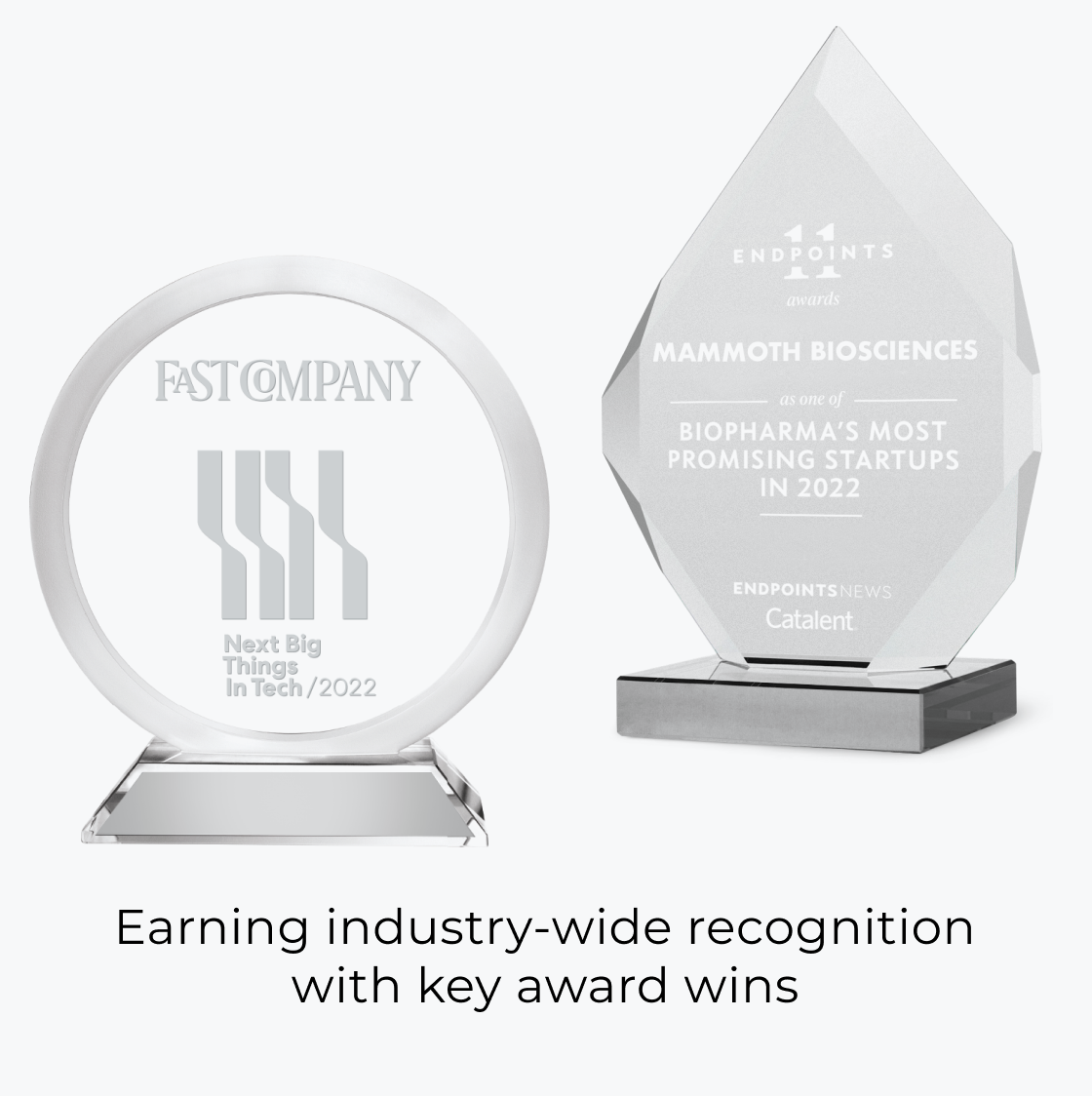 Two awards from Fast Company and Endpoints are displayed. Text: Earning industry-wide recognition with key award wins.
