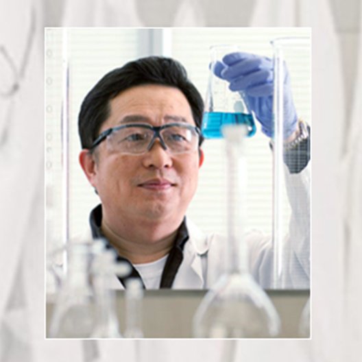 A scientist inspects the contents of an Erlenmeyer flask.