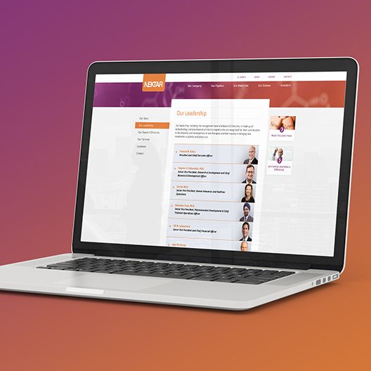 A model laptop displays the Nektar leadership page in front of an orange and purple gradient background.