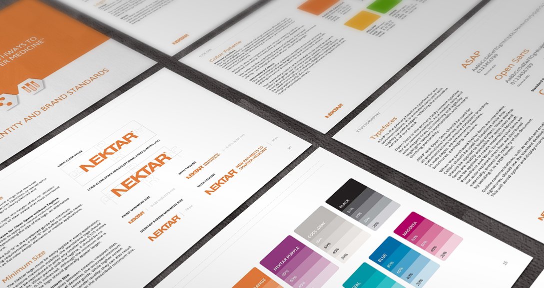 A dynamic layout showing the various Nektar Therapeutics brand guidelines
