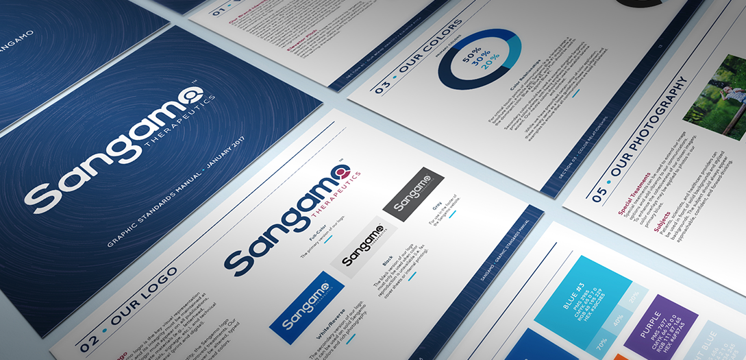 A dynamic layout showing the various Sangamo Therapeutics brand guidelines