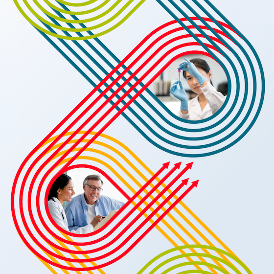 Bright, primary colored curved lines intersect around images of a lab worker and a doctor with patient.