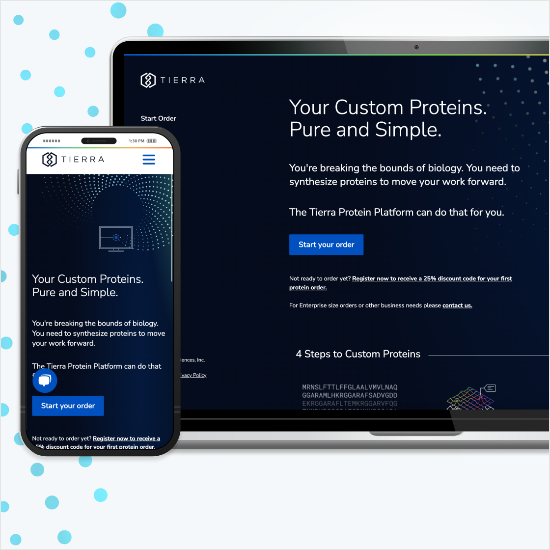 A model phone and tablet screen, both displaying the Tierra Biosciences e-commerce page