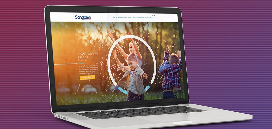The Sangamo Therapeutics website displayed on a model laptop.