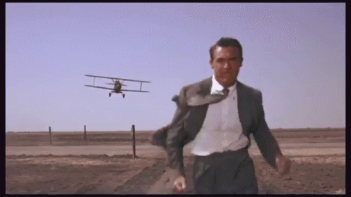A GIF of actor Cary Grant diving away from an airplane.