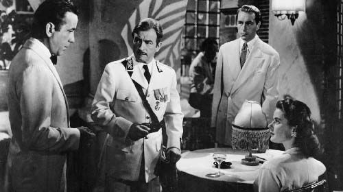 A movie still featuring the main cast of Casablanca.