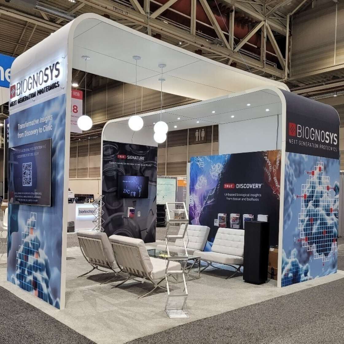 A photo of the Biognosys tradeshow booth designed by HDMZ