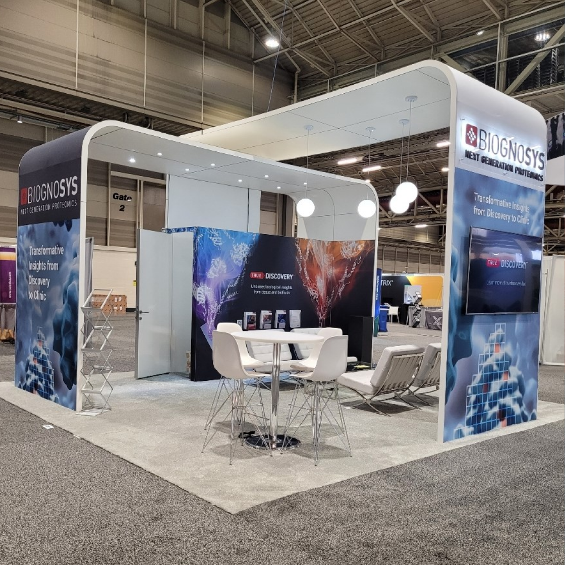 A photo of the Biognosys tradeshow booth designed by HDMZ