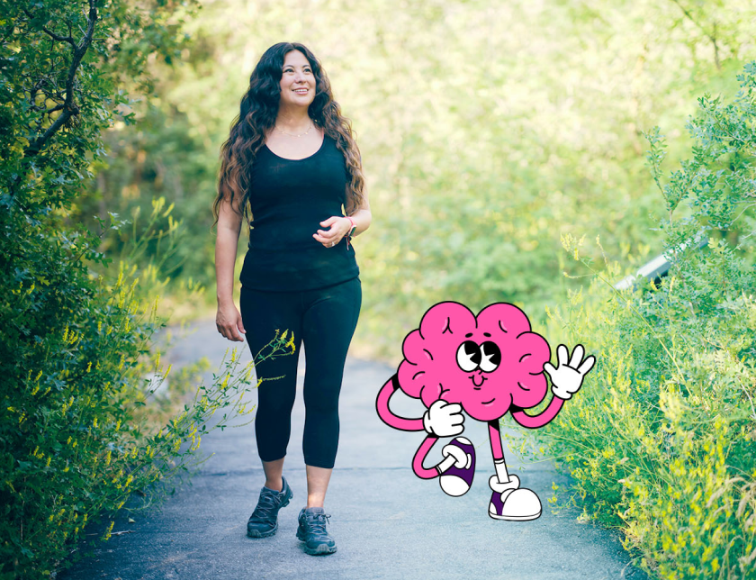 person walking in the woods with a brain character 