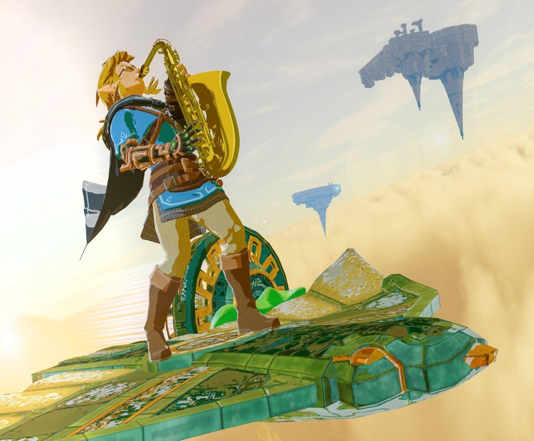Image of game character, Link, playing the saxophone
