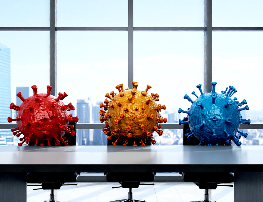 Image of viruses sitting at a conference room table