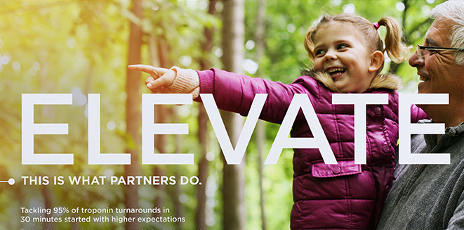 An elderly person carries a child whom is pointing into the distance. Header text: Elevate, this is what partners do
