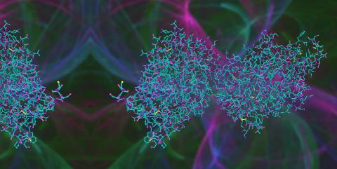 A banner featuring colorful scientific imagery