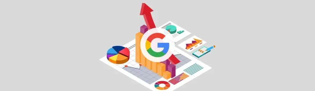 A Google logo is surrounded by various charts and graphs, including bar charts, pie charts, and line graphs, with an upward-pointing red arrow.