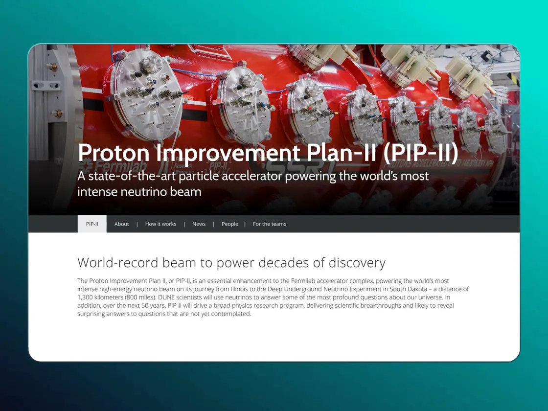 A red particle accelerator with the text "Proton Improvement Plan-II (PIP-II)" and "Fermilab" overlaid.