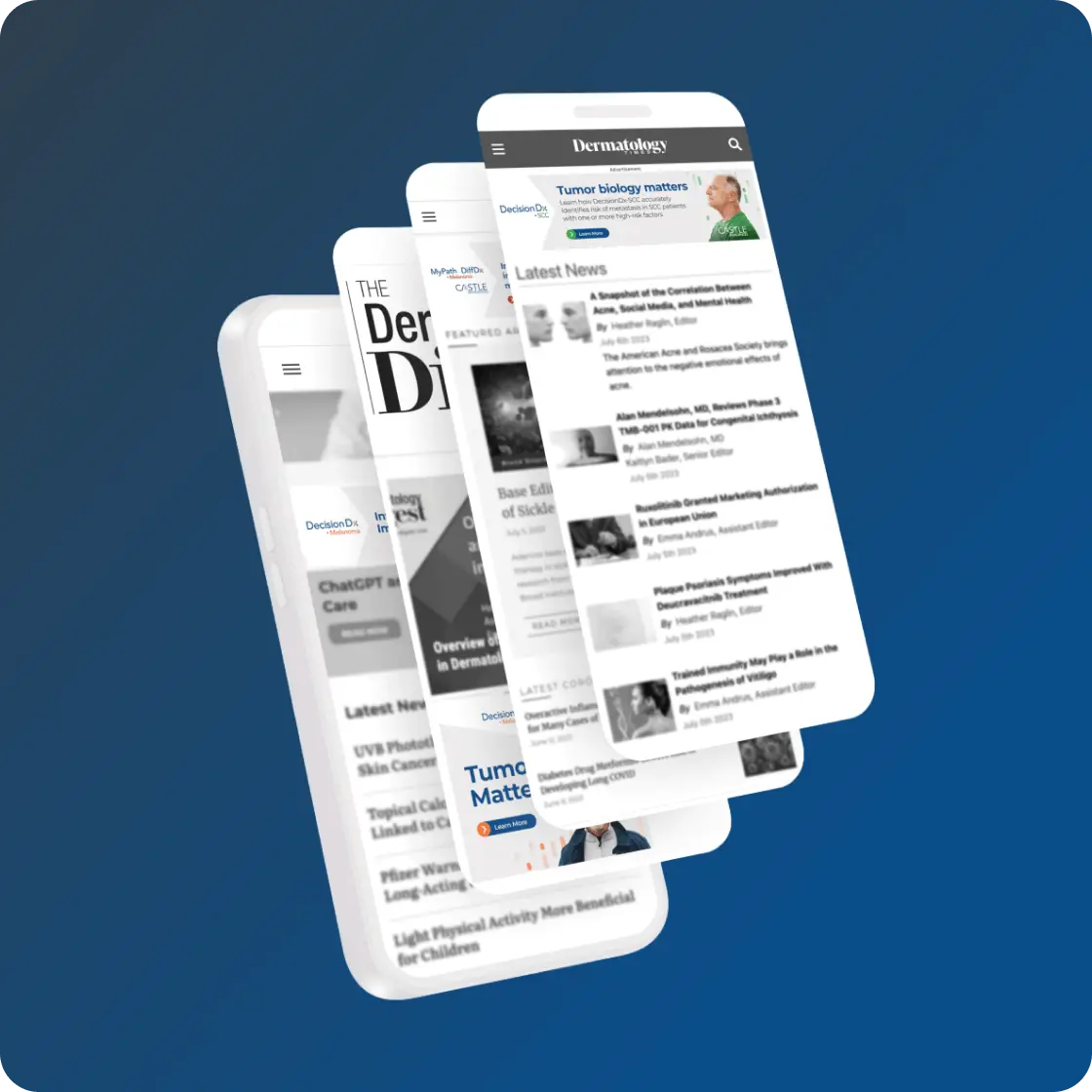 Three smartphones displaying dermatology news, articles on tumor biology, acne, psoriasis, and other medical topics, with headlines like "Tumor biology matters" and "Latest News."