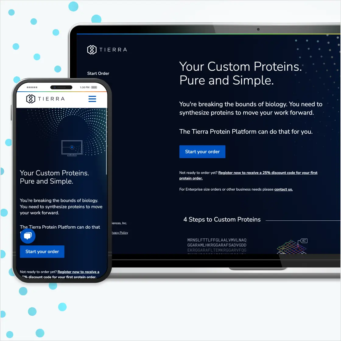 A smartphone and laptop display the Tierra Protein Platform website, offering "Your Custom Proteins. Pure and Simple." with options to "Start your order" and a 25% discount.