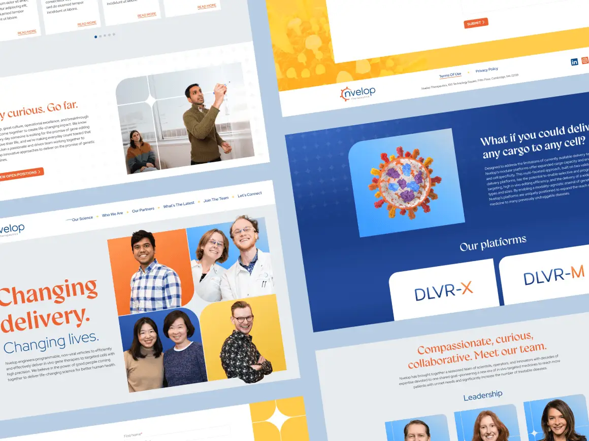 A collage of website screenshots for Nvelop Therapeutics, showcasing team photos, scientific illustrations, and company mission statements.