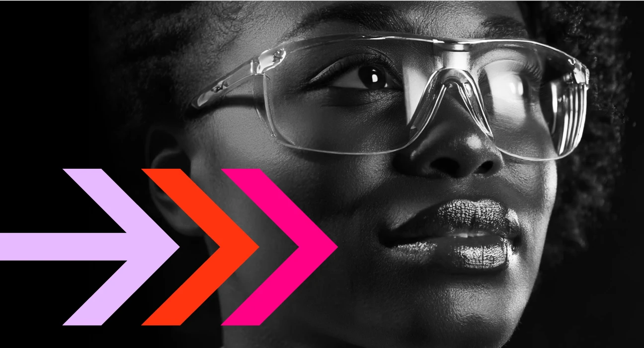 Woman looking away and arrow on top of the image
