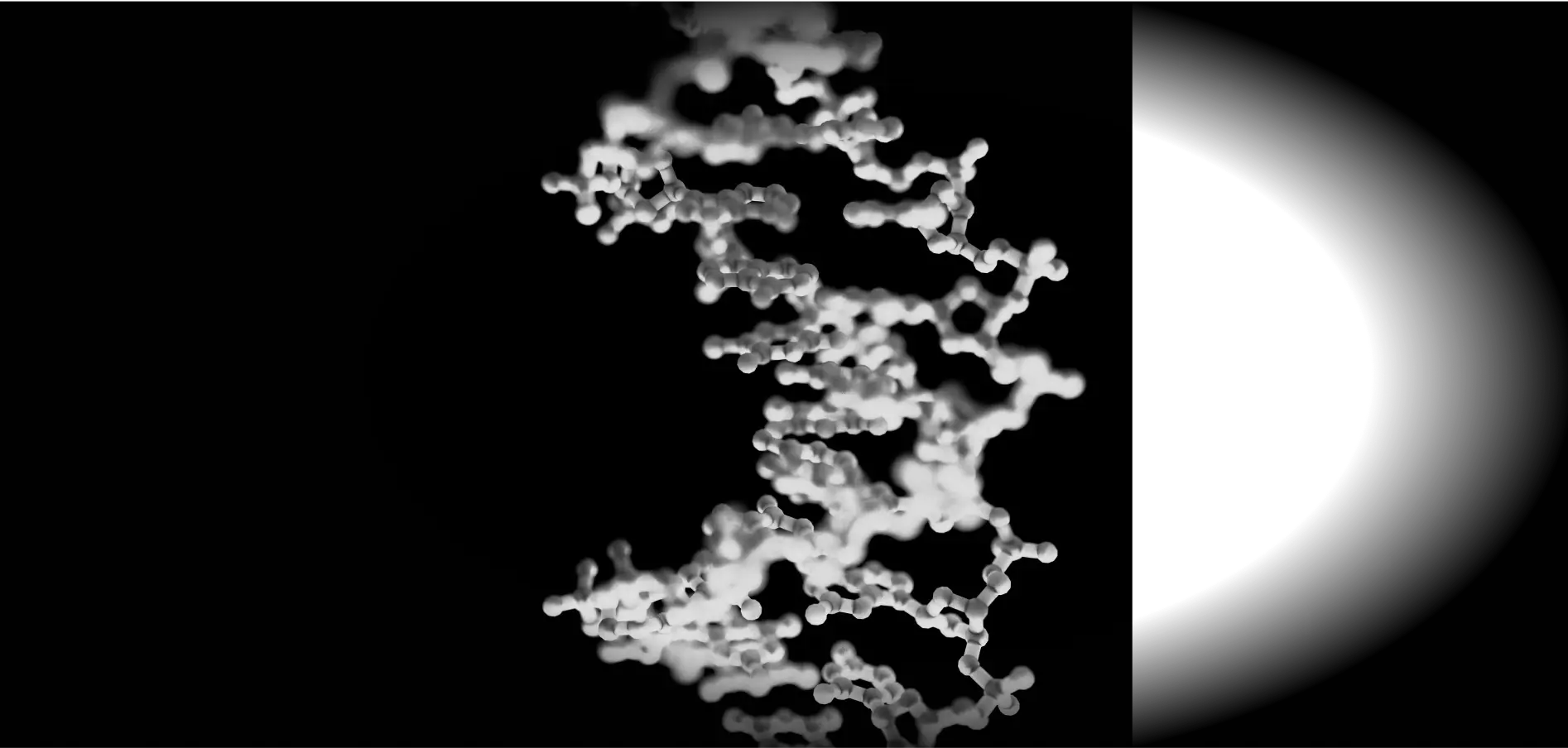 A grayscale image shows a blurry, abstract representation of a DNA strand or molecular structure against a black background, with a faint arc on the right.