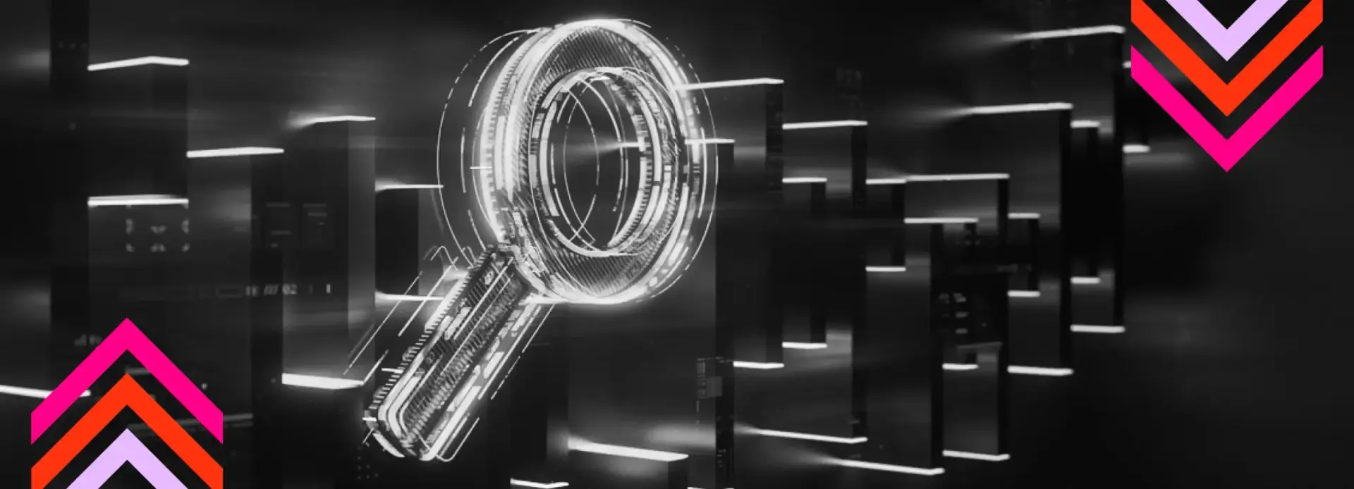 A glowing, futuristic magnifying glass is centered on a dark, abstract background with neon pink and orange chevron arrows in the corners.
