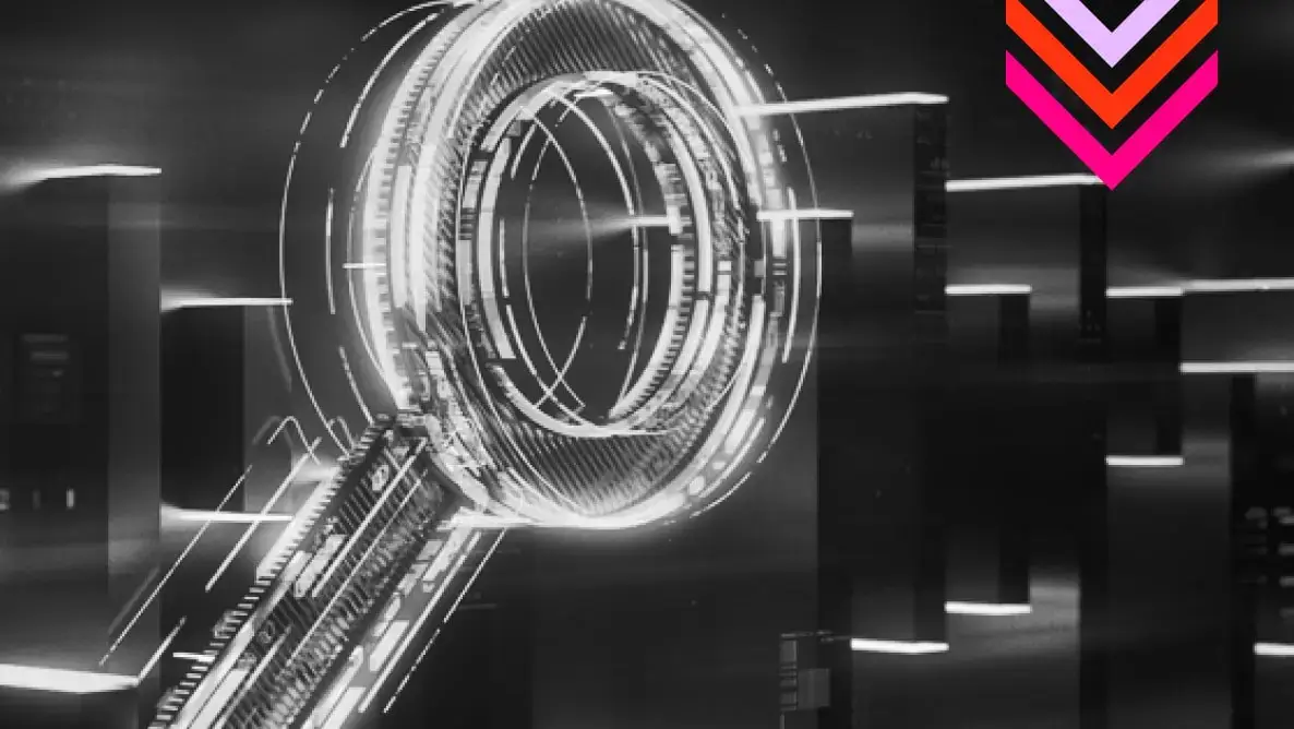 A futuristic, glowing magnifying glass with digital elements, set against a dark background with abstract light streaks and a colorful chevron logo.