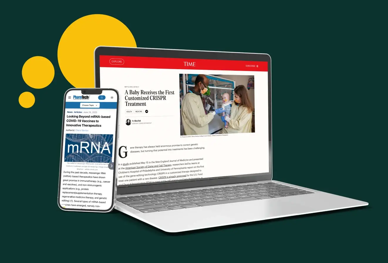 A phone and laptop display articles on mRNA-based therapeutics and CRISPR treatment, with headlines like "Looking Beyond mRNA-based COVID-19 Vaccines" and "A Baby Receives the First Customized CRISPR Treatment."