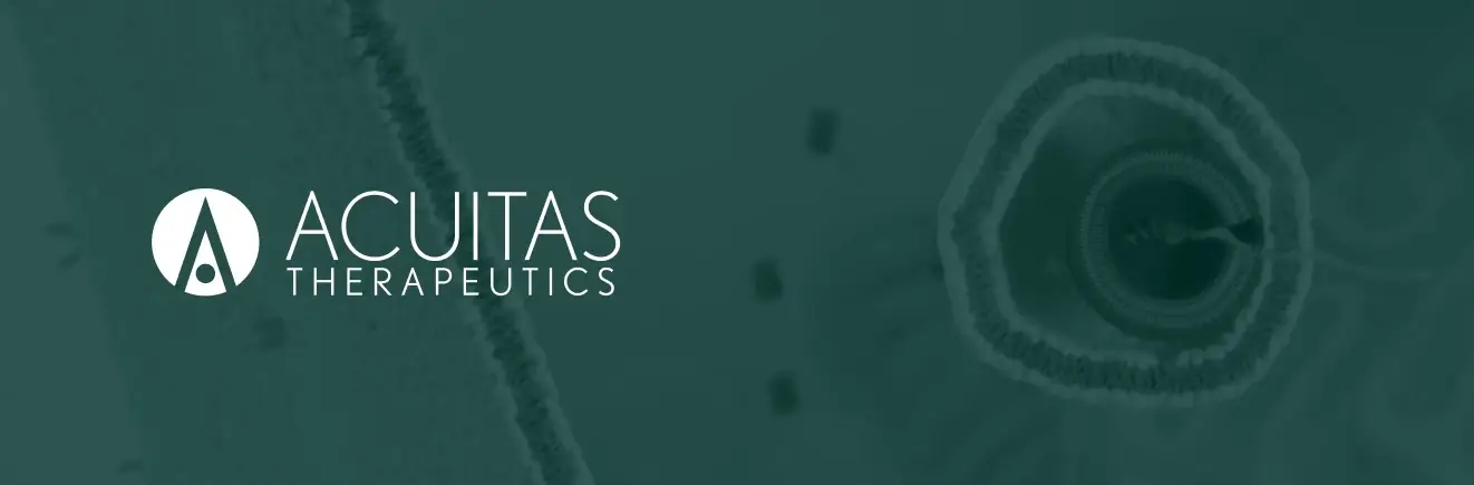 Acuitas Therapeutics logo with a stylized 'A' in a circle, against a dark teal background with faint, abstract circular patterns.